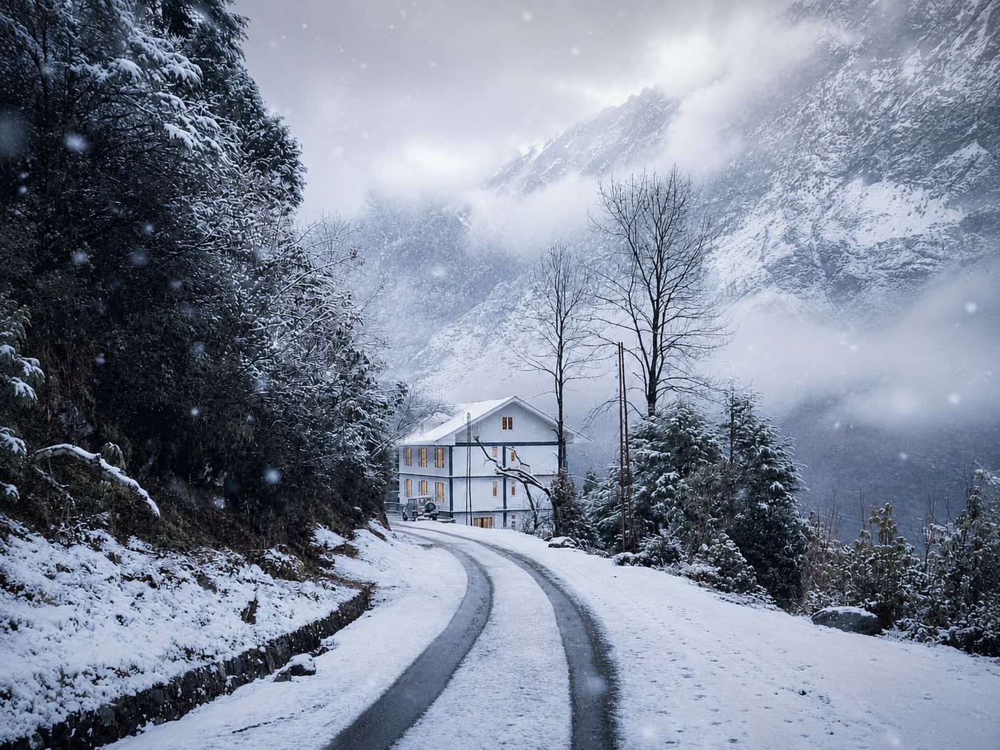 Snowy arrival road to Floret Resort Lachung
